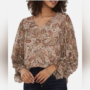 1. State Paisley V-Neck Long Sleeve Blouse in Beige Multi